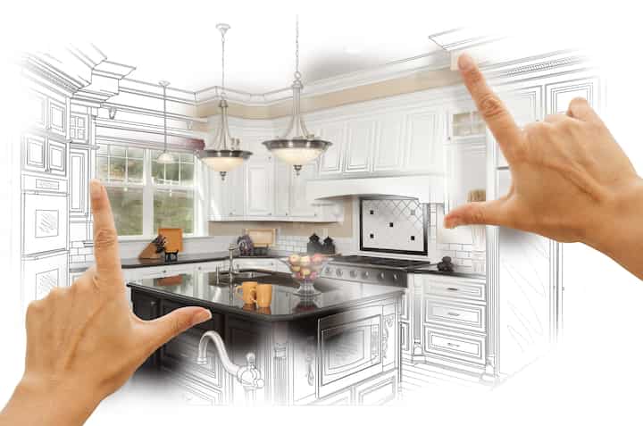 A kitchen renovation design with an open floor plan, featuring a large island and modern appliances in Irvine